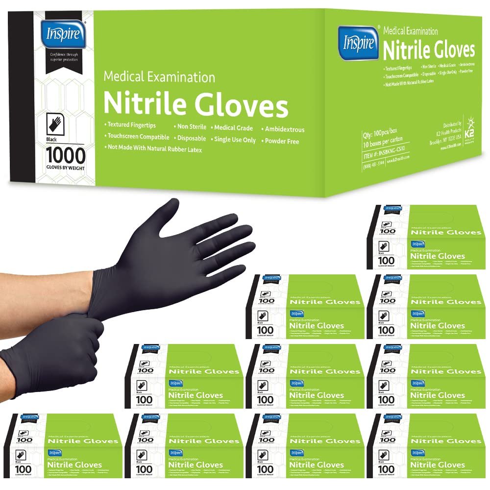 Inspire Case of 1000 Nitrile Gloves | THE ORIGINAL Quality Black Disposable Glove Latex Free | 4.5 Medical Cooking Cleaning Mechanic (Black Size Large)