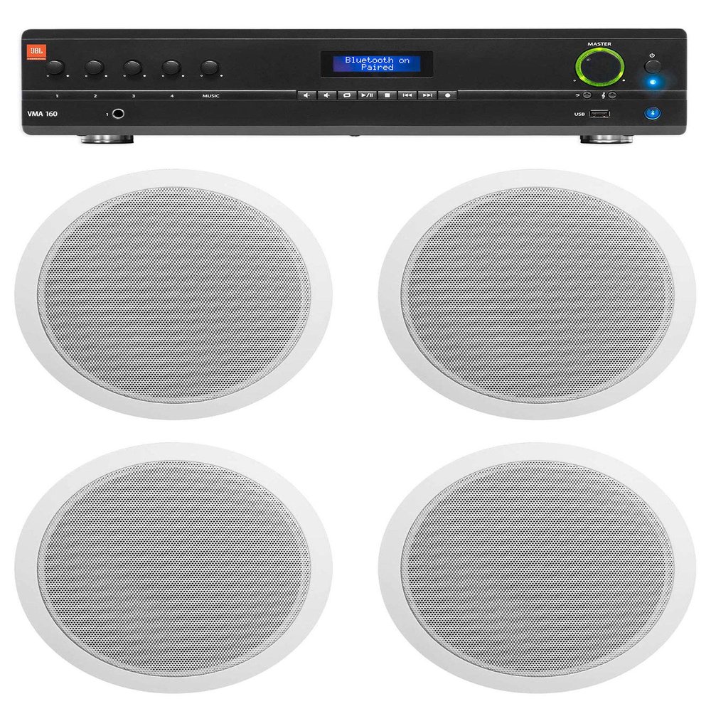 Audiosavings Bundle: (1) JBL VMA160 60-Watt 70 Volt 70V Mixer/Amplifier with Bluetooth 5 Channel Inputs Bundle with (2) Rockville CCL6T White 70V 6" Commercial Ceiling Speakers (3 Items)