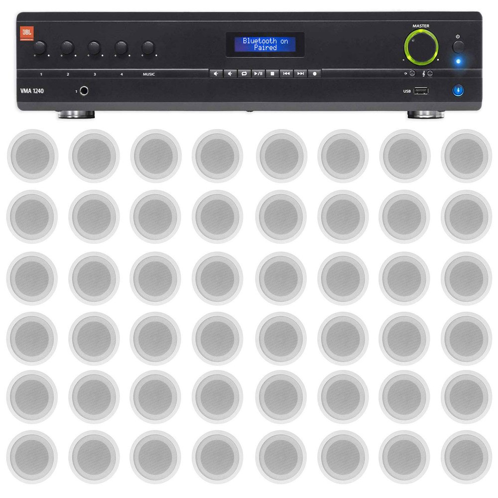 Audiosavings Bundle: (1) JBL VMA1240 Commercial/Restaurant 240W 70v Bluetooth Mixer/Amplifier Bundle with (48) Rockville CCL5T White 70V 5" Commercial Ceiling Speakers 4 Restaurant/Office (49 Items)