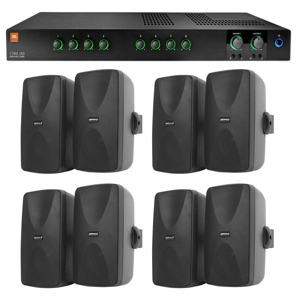 Audiosavings Bundle: (1) JBL CSMA280 Commercial/Restaurant 2 x 80w Amplifier Bundle with (8) Rockville WET-7020B 5.25" 70V Commercial Indoor/Outdoor Wall Speakers (9 Items)
