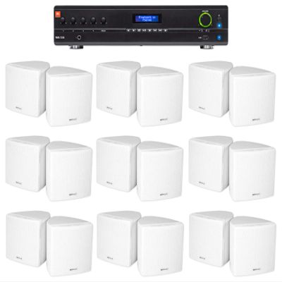 Audiosavings Bundle: (1) JBL VMA1120 Commercial/Restaurant 120W 70v Bluetooth Mixer/Amplifier Bundle with (18) Rockville 3.5" White Commercial 70v Swivel Wall Mount Speakers (19 Items)