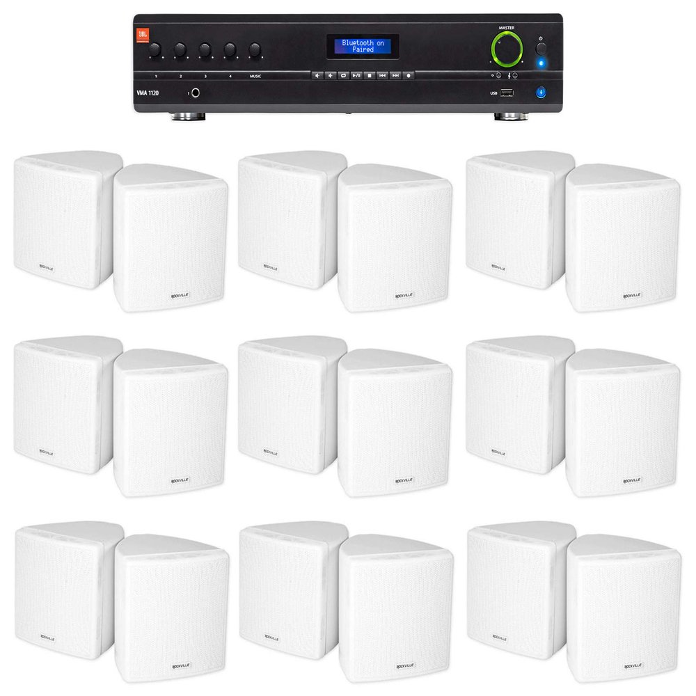 Audiosavings Bundle: (1) JBL VMA1120 Commercial/Restaurant 120W 70v Bluetooth Mixer/Amplifier Bundle with (18) Rockville 3.5" White Commercial 70v Swivel Wall Mount Speakers (19 Items)