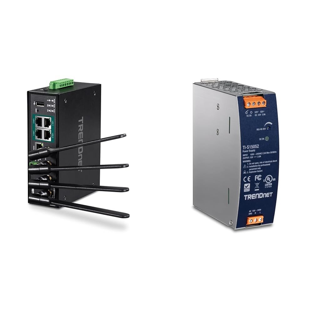 Bundle: TRENDnet Industrial AC1200 Wireless Gigabit PoE+ Router, TI-WP100 + TRENDnet 150W, 52V DC, 2.89A AC to DC DIN-Rail Power Supply, TI-S15052