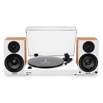 Fluance RT81+ Elite HiFi Vinyl Turntable (White) and Ai41 Powered Bookshelf Speakers (Lucky Bamboo) Bundle: High Fidelity Sound, Integrated Amplifier, Audio Technica Cartridge