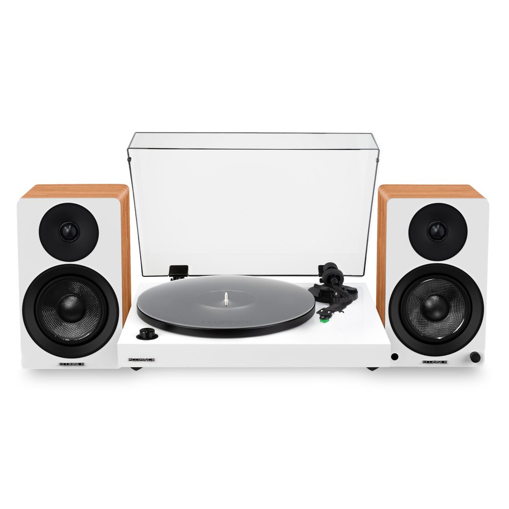 Fluance RT81+ Elite HiFi Vinyl Turntable (White) and Ai41 Powered Bookshelf Speakers (Lucky Bamboo) Bundle: High Fidelity Sound, Integrated Amplifier, Audio Technica Cartridge