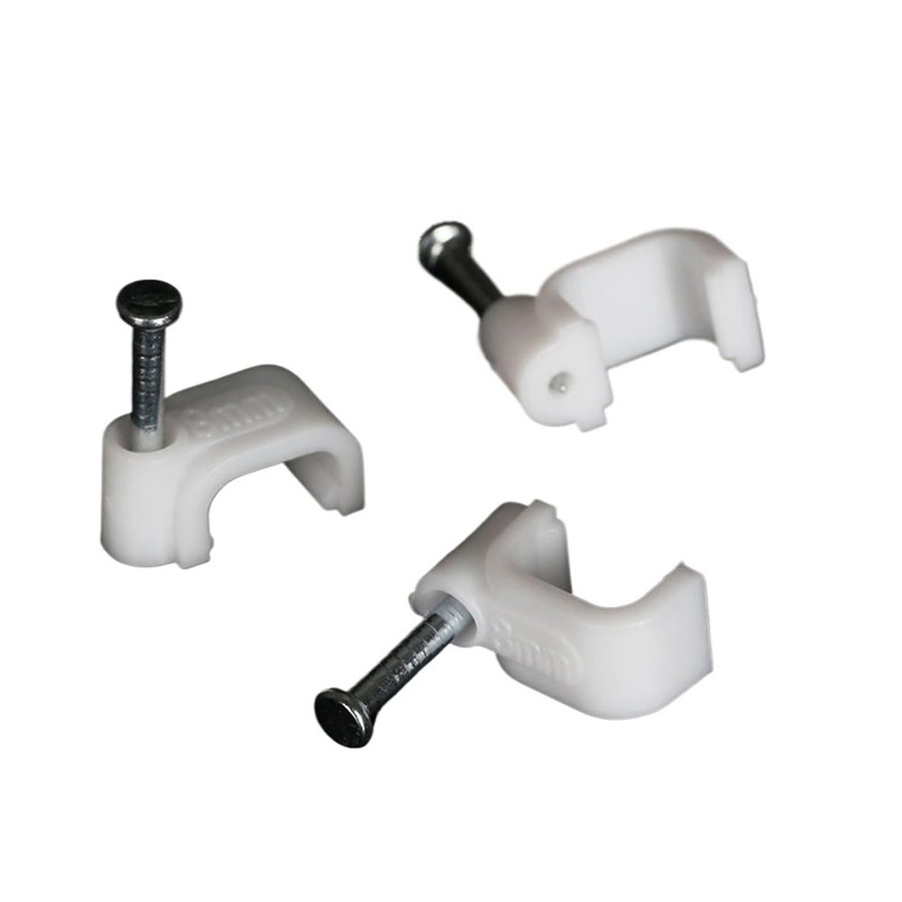 CHATROOM White 8mm Square Path Cable Clip PE Plastic High Carbon Steel Nails C Shaped Electric Cable Clips Wire Wall Holder 100pcs