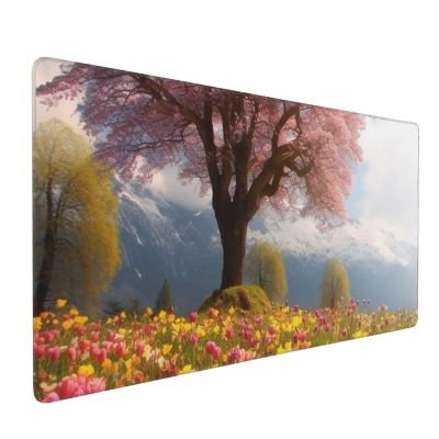 BTCOWZRV Large Mousepad Tree Flowers Nature Scenery Gaming Mousepad 16 X 35.5 in Waterproof Keyboard Mousepad Mat Laptop Desk Mat with Stitched Edges Non-Slip Desk Writing Pad for Office Home, Black