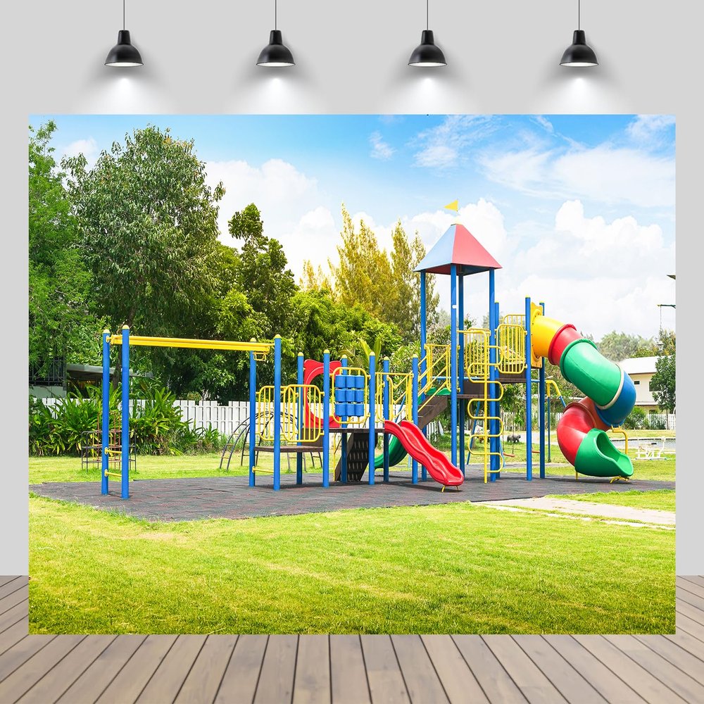 chnywork 15x10ft Kids Amusement Park Background Children's Slide Playground Green Trees Kindergarten Blue Sky Background Baby Shower Birthday Holiday Vacation Party Decor Wallpaper Photo Props