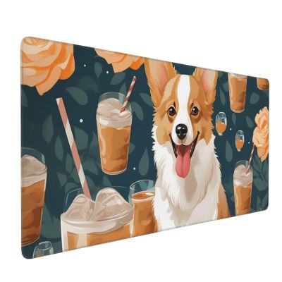 BTCOWZRV Large Mousepad Cute Corgi Pet and Milk Tea Gaming Mousepad 16 X 35.5 in Waterproof Keyboard Mousepad Mat Laptop Desk Mat with Stitched Edges Non-Slip Desk Writing Pad for Office Home, Black