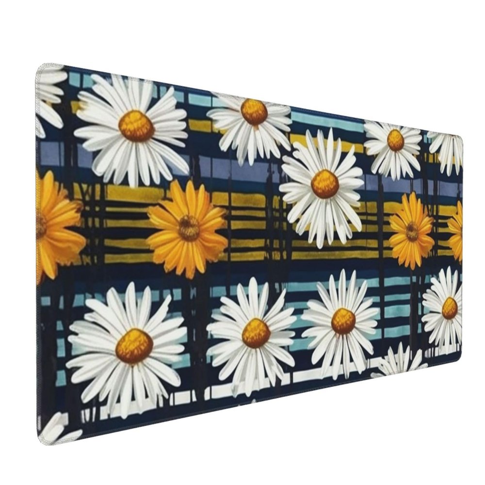 BTCOWZRV Large Mousepad Daisies and Stripes Gaming Mousepad 16 X 35.5 in Waterproof Keyboard Mousepad Mat Laptop Desk Mat with Stitched Edges Non-Slip Desk Writing Pad for Office Home, Black