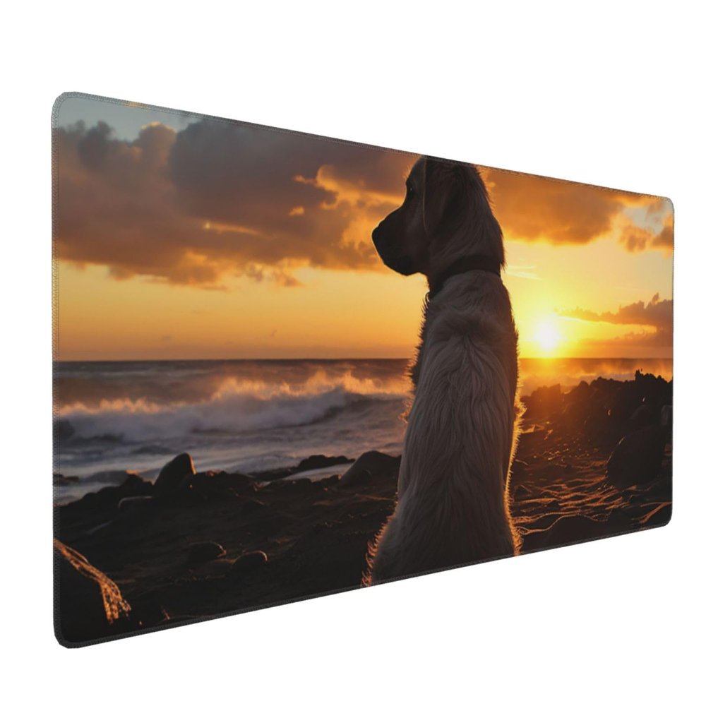 Large Mousepad Dog and Sunset Gaming Mousepad 16 X 35.5 in Waterproof Keyboard Mousepad Mat Laptop Desk Mat with Stitched Edges Non-Slip Desk Writing Pad for Office Home