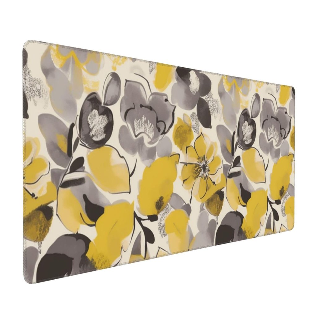 BTCOWZRV Large Mousepad Yellow Gray Flower Gaming Mousepad 16 X 35.5 in Waterproof Keyboard Mousepad Mat Laptop Desk Mat with Stitched Edges Non-Slip Desk Writing Pad for Office Home, Black