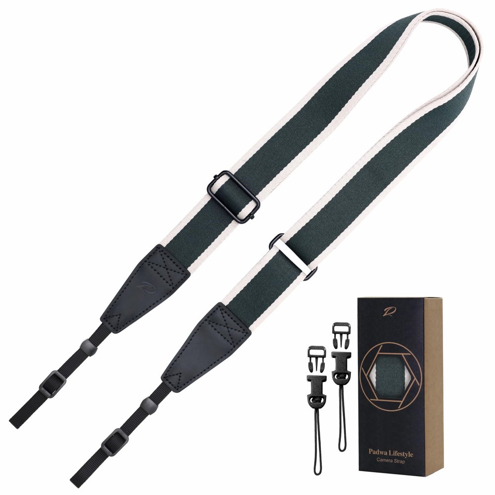 Padwa Lifestyle Adjustable Camera Strap - 1.5" Full Grain Leather Ends Camera Straps for Photographers, Adjustable Neck Shoulder & Crossbody Cotton Strap Quick Release for Cameras and Binoculars