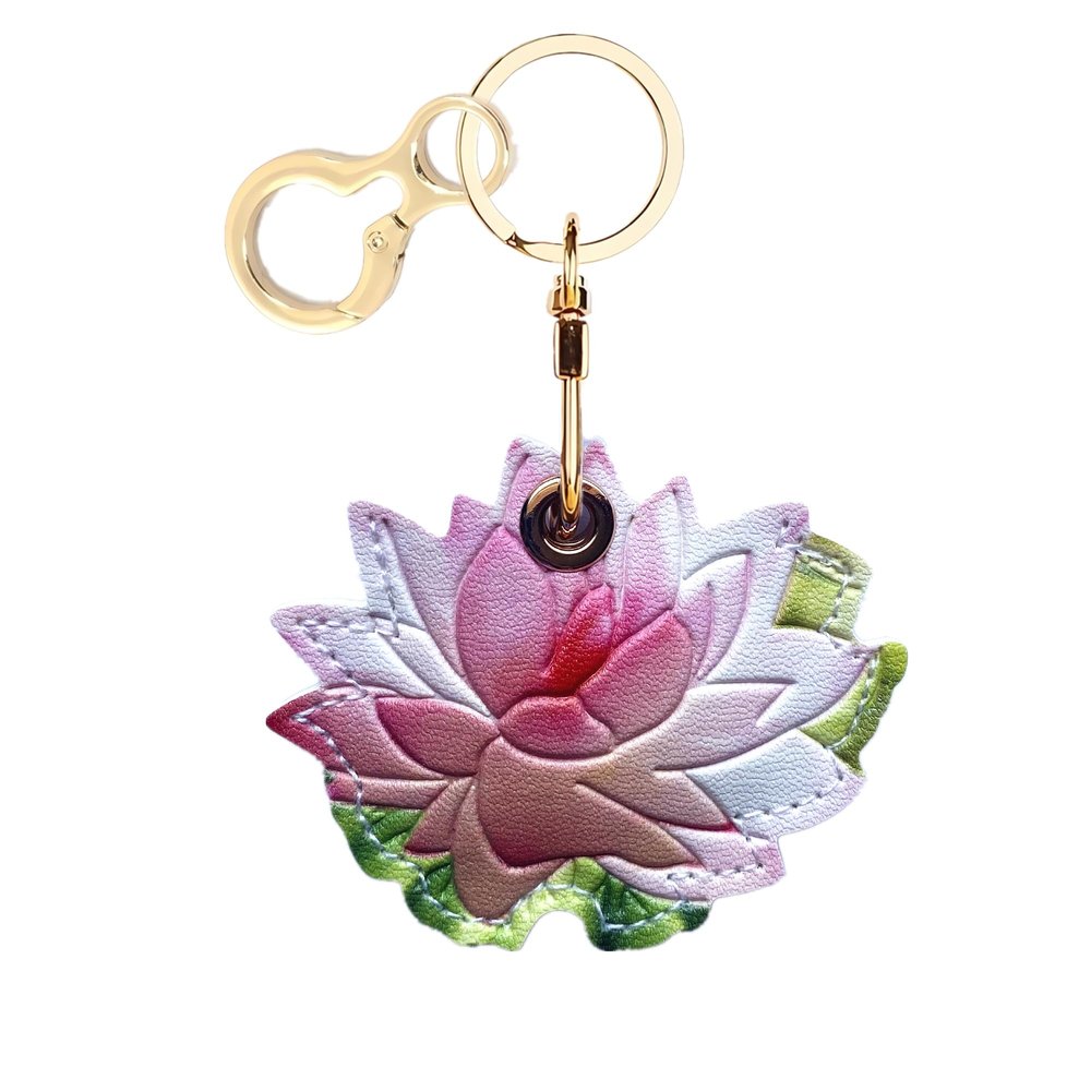 BORKUANA Leather Keychain Holder Case Compatible with Apple AirTag, Cute Protective Air Tag Cover with Keychain Ring, Anti-Scratch Finder GPS Tracker Case for Wallet Keys(Lotus)