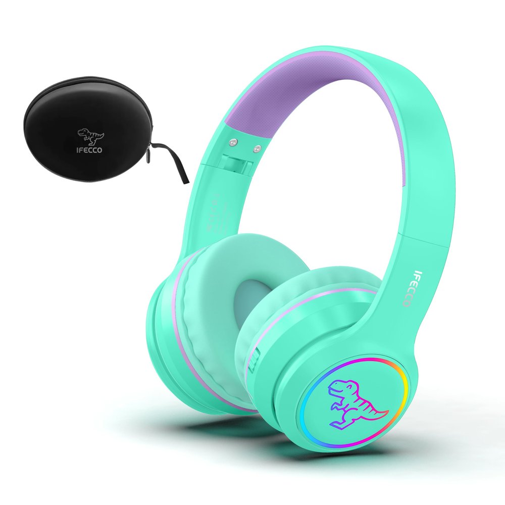 IFECCO Wireless Kids Boys Headphones with Microphone,Cute Light Up Dinosaur Children Bluetooth Headphones Volume-limiting for School Travel,Boys Gifts for 3-15years