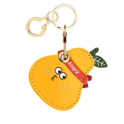 BORKUANA Leather Keychain Holder Case Compatible with Apple AirTag, Cute Protective Air Tag Cover with Keychain Ring, Anti-Scratch Finder GPS Tracker Case for Wallet Keys(Angry Pear)