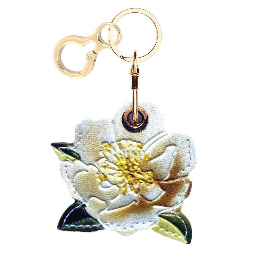 BORKUANA Leather Keychain Holder Case Compatible with Apple AirTag, Cute Protective Air Tag Cover with Keychain Ring, Anti-Scratch Finder GPS Tracker Case for Wallet Keys(White Peony)