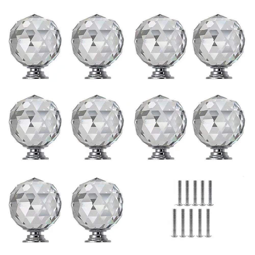 ECOLFE Cabinet Handles, 5pcs 30mm Round Diamond Crystal Cabinet Knobs Drawer Pull Handle Kitchen Door Wardrobe Hardware Used for Cabinet, Drawer,Dresser, Cupboard (Color : 10 Pcs), Silver