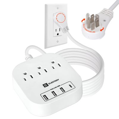 ELECTERY 360 Rotating Flat Plug Power Strip, 10 Ft Extension Cord with 3 AC Outlets, 4 USB Ports 16 AWG Wire for Home, Office, and Travel - ETL Certified, White