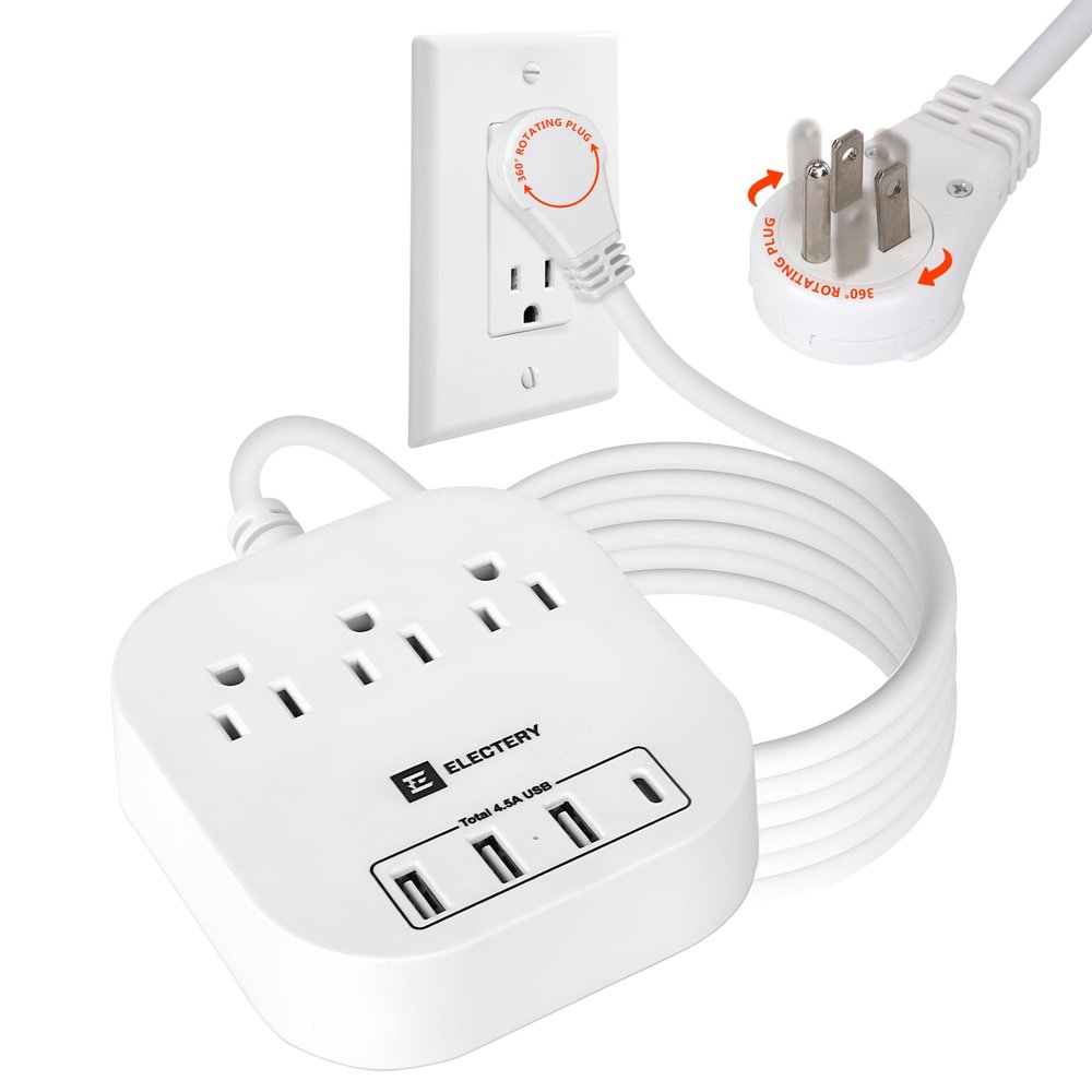 ELECTERY 360 Rotating Flat Plug Power Strip, 10 Ft Extension Cord with 3 AC Outlets, 4 USB Ports 16 AWG Wire for Home, Office, and Travel - ETL Certified, White
