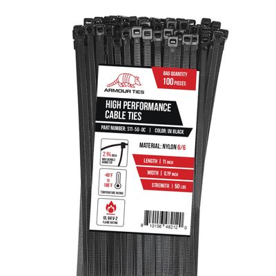 11-inch Black Zip Ties Heavy Duty UV Resistant Nylon Cable Ties, 50lb Tensile Strength, 100-Pack - Durable Wire Ties, Heavy Duty Tie Straps Indoor and Outdoor Cable Management Solution by ARMOUR TIES