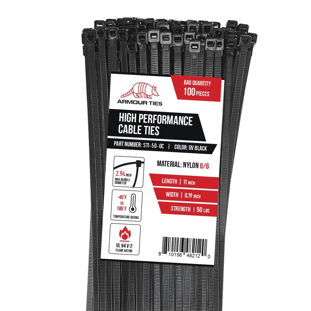 11-inch Black Zip Ties Heavy Duty UV Resistant Nylon Cable Ties, 50lb Tensile Strength, 100-Pack - Durable Wire Ties, Heavy Duty Tie Straps Indoor and Outdoor Cable Management Solution by ARMOUR TIES
