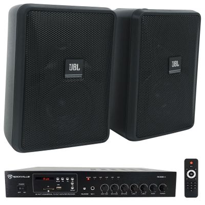 Rockville Bundle: (2) JBL Control 23-1 3" Indoor/Outdoor 70v Commercial Wall Mount Speakers in Black Bundle with (1) RCS80-1 60 Watt 70v Commercial/Restaurant Amp/Bluetooth Receiver (4 Item)