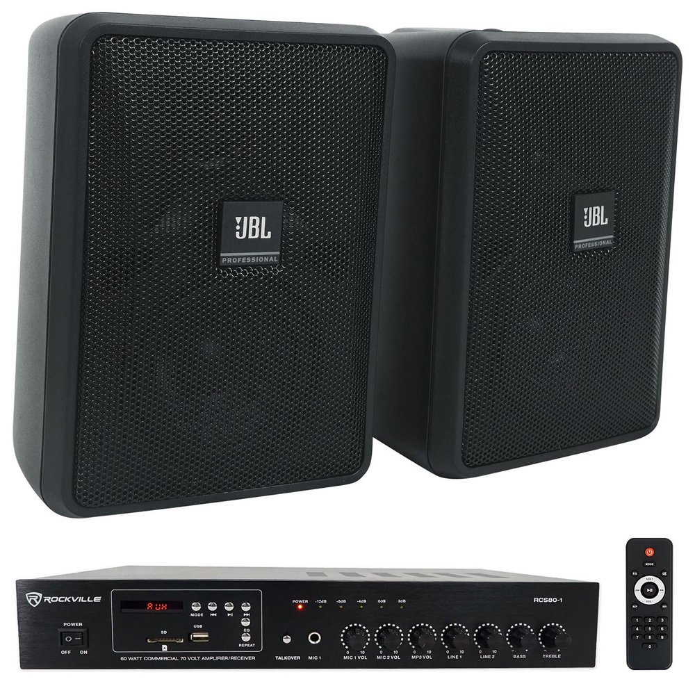 Rockville Bundle: (2) JBL Control 23-1 3" Indoor/Outdoor 70v Commercial Wall Mount Speakers in Black Bundle with (1) RCS80-1 60 Watt 70v Commercial/Restaurant Amp/Bluetooth Receiver (4 Item)