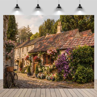chnywork 15x8ft Vintage British Village Backdrop Retro Brick Stone House Old England Street Blooms Spring Scenery Background European UK Travel Theme Party Decor Photo Studio Booth Props Wallpaper