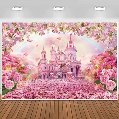 Chloroplastid Princess Pink Floral Castle Photography Backdrop - Spring Flower Fairy Family Wedding Mothers Day Party Banner - 12x8ft