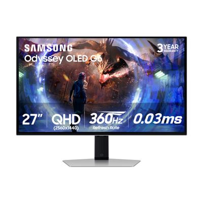Samsung 27 Odyssey OLED G6 (G60SD) Series Gaming Monitor with QHD & QD-OLED, 360Hz 0.03ms, AMD FreeSync Premium Pro, Anti-Glare, Sleek Design, Cooling System, 3 Year Warranty, LS27DG602SNXZA