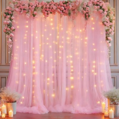 10x10ft Baby Pink Tulle Backdrop Curtain with Lights String for Parites, Sheer Photo Backdrop Curtains with Lights for Wedding Backdrop Ceremony Reception Bridal Shower Baby Shower Birthday Party
