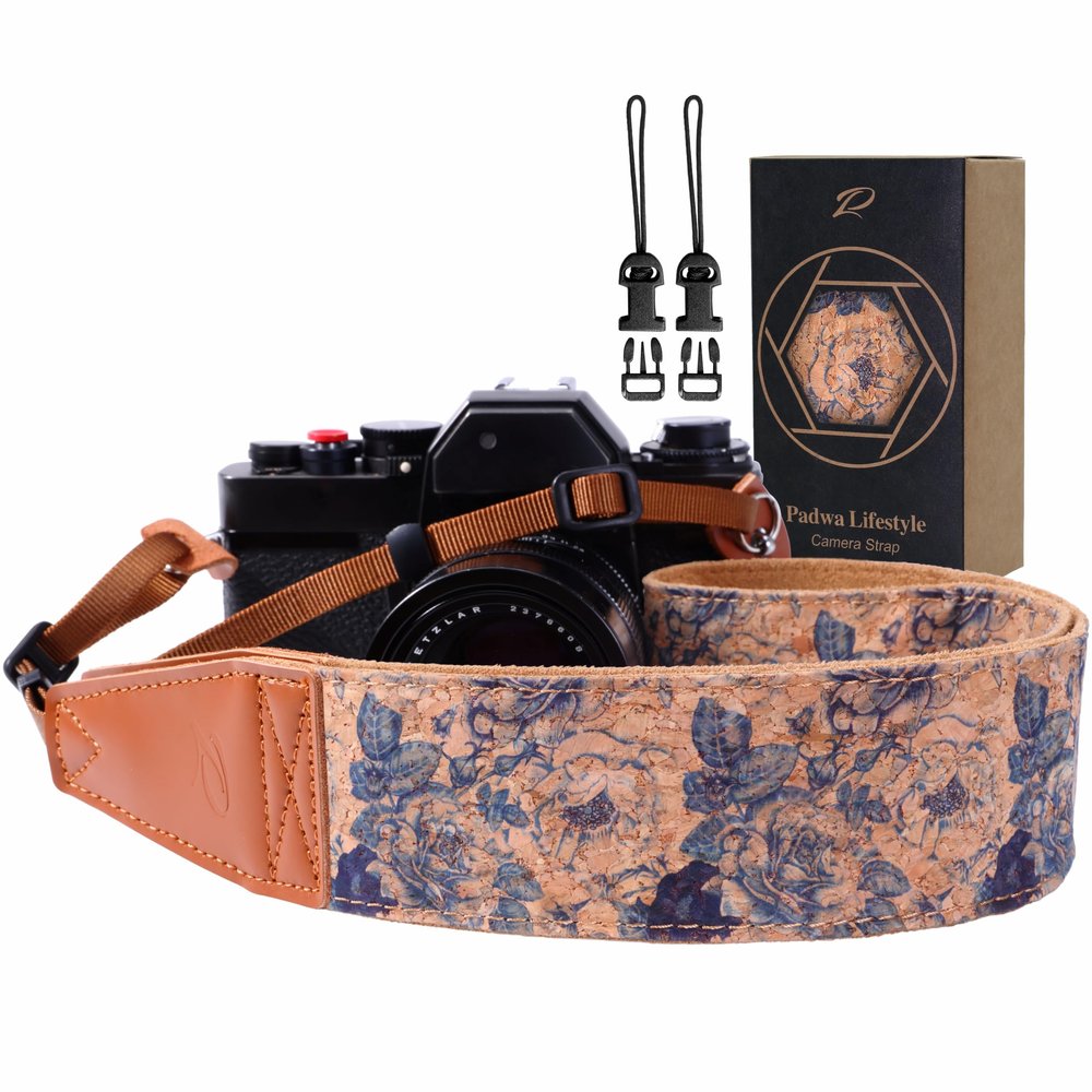Padwa Lifestyle Cork Camera Strap - 2" Top Layer Cowhide Head Camera Straps for Photographers,Natural Log Crackle Art Print Style,Soft Chamois Velvet Padded Strap Quick Release fits All Cameras