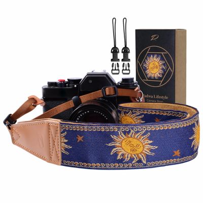 Padwa Lifestyle Sun God Camera Strap - 2" Full Grain Leather Ends, Vintage Sun Face Camera Straps for Photographers, Soft Chamois Velvet Padded Strap Quick Release fits All Cameras