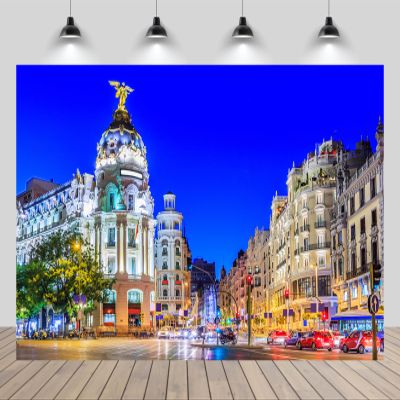 chnywork 8x6ft Spain Street Backdrop Europe Retro Shopping Street Madrid City Sunset Night View Background European Spanish Themed Travel Party Decor Photo Studio Booth Props Wallpaper