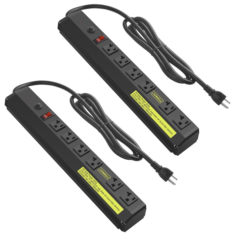 JUNNUJ Heavy Duty 20 Amp Power Strip 2 Pack, High Amp Surge Protector 6 Outlet, 20A Power Workshop Industrial Outlets Wide Spaced 6-20R T-Slot with Circuit Breaker,12 Gauge Extension Cord 6ft