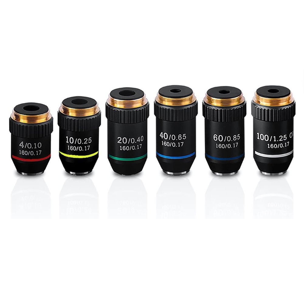 JOEBO Microscope Kit Biological Microscopes Lens 4X 10X 20X 40X 60X 100X Achromatic Objective Lens Silver Black Microscope Lens Adapters (Color : Black, Size : 6 PCS per Set)