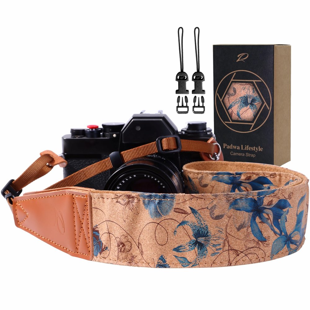 Padwa Lifestyle Cork Camera Strap - 2" Top Layer Cowhide Head Camera Straps for Photographers,Natural Log Crackle Art Print Style,Soft Chamois Velvet Padded Strap Quick Release fits All Cameras