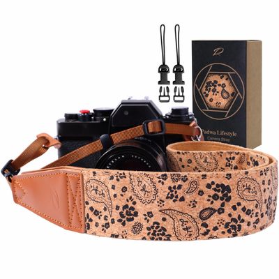 Padwa Lifestyle Cork Camera Strap - 2" Top Layer Cowhide Head Camera Straps for Photographers,Natural Log Crackle Art Print Style,Soft Chamois Velvet Padded Strap Quick Release fits All Cameras