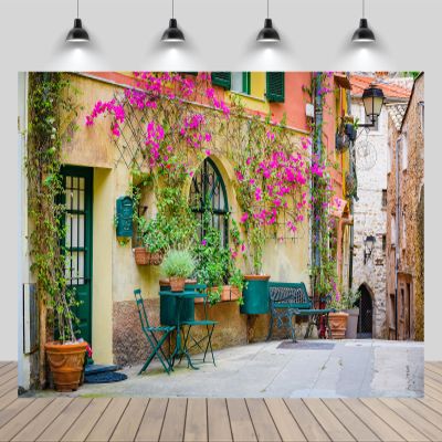 chnywork 5x4ft France Medieval Street Backdrop France Spring Street Coffee Shop Flowers Blooms Retro Village Old House Background Europe French Travel Party Decor Photo Booth Props Wallpaper