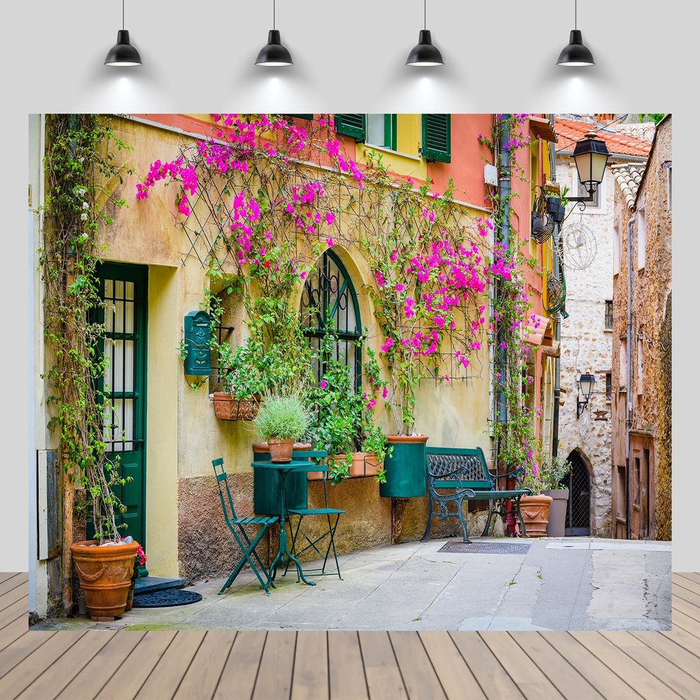 chnywork 5x4ft France Medieval Street Backdrop France Spring Street Coffee Shop Flowers Blooms Retro Village Old House Background Europe French Travel Party Decor Photo Booth Props Wallpaper
