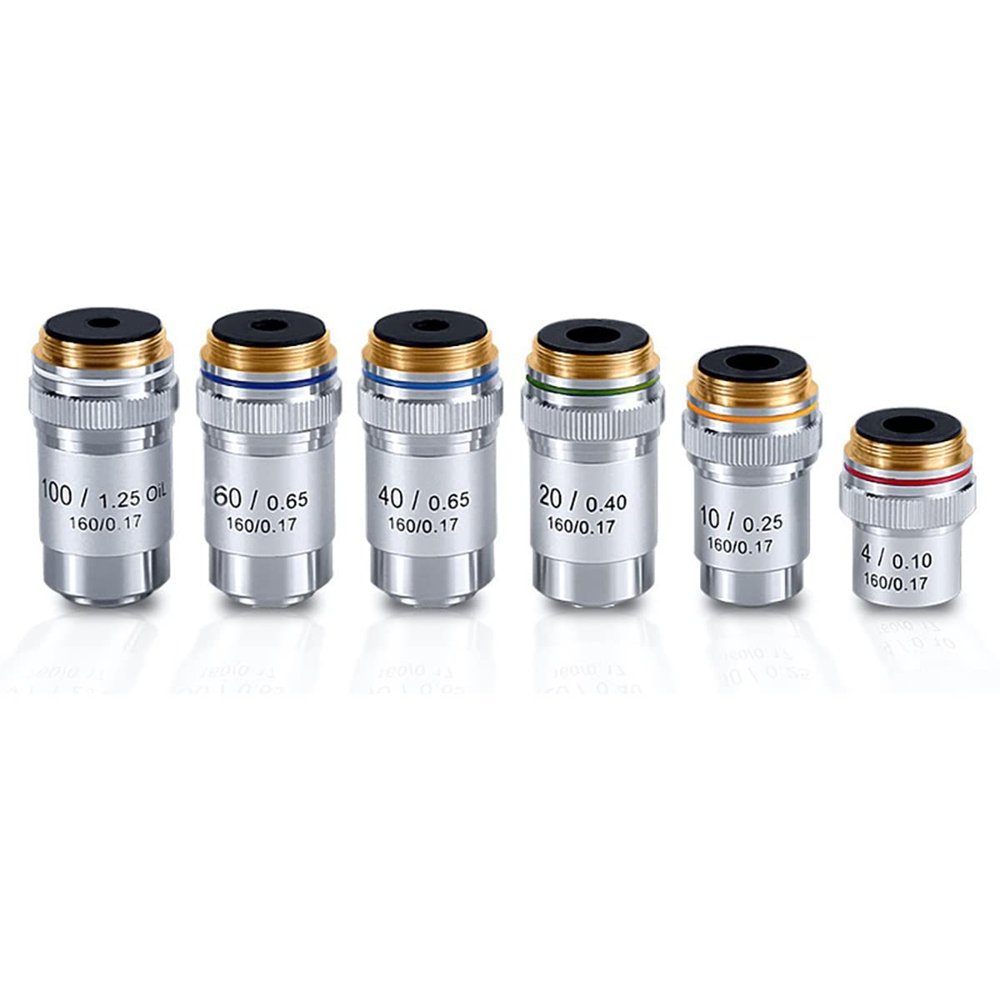 JOEBO Microscope Kit Biological Microscopes Lens 4X 10X 20X 40X 60X 100X Achromatic Objective Lens Silver Black Microscope Lens Adapters (Color : Silver, Size : 6 PCS per Set)