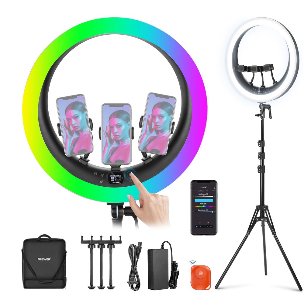 NEEWER 19" RGB LED Ring Light with Stand, 3 Phone Holders, Touch Panel, 2.4G/App Control, 42W CRI97+ 2800lux/0.5m 360 Hue Dimmable Professional Lighting for Makeup Live Streaming Zoom Calls, RP19C