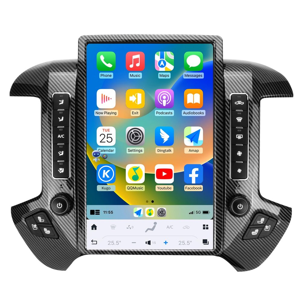 Qualcomm Car Radio for Chevrolet Silverado GMC Sierra 2014-2019 Stereo Replacement Head Unit 14.4 Inch 2K IPS Touch Screen Tesla Style Carplay Android Auto GPS OEM 8 Inch (Carbon Fibre)