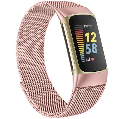 MVSSAT Metal Bands Compatible with Fitbit Charge 5 Bands for Women Men, Adjustable Stainless Steel Magnetic Lock Breathable Mesh Wristband Strap (Pink), Medium