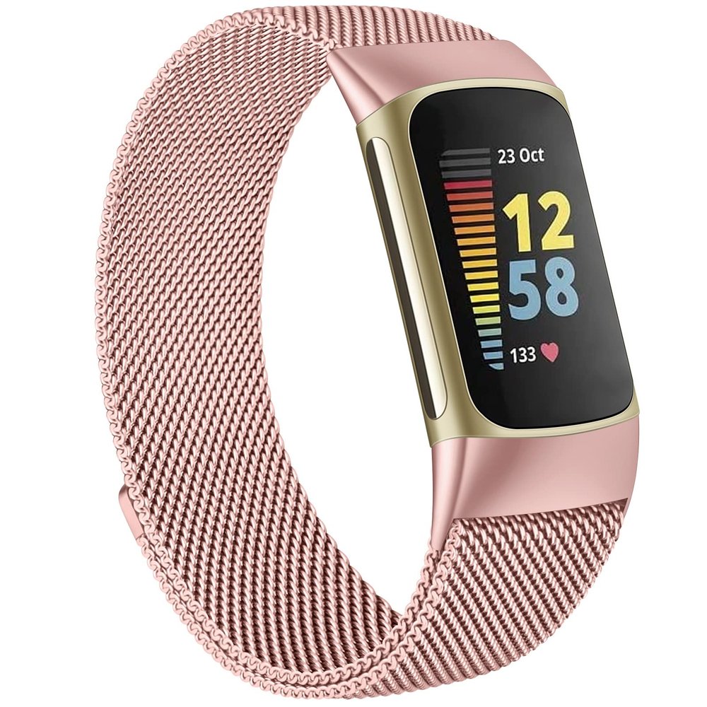 MVSSAT Metal Bands Compatible with Fitbit Charge 5 Bands for Women Men, Adjustable Stainless Steel Magnetic Lock Breathable Mesh Wristband Strap (Pink), Medium