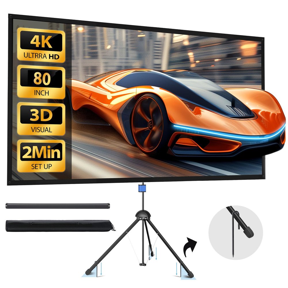Projector Screen with Stand 80 inch Indoor Outdoor Projector Screen 16:9, 4K HD PVC Projector Screen with 1.5 Gain, projector screen for Backyard Theater and Wall Hanging 2IN1 with Carry Bag, Ground
