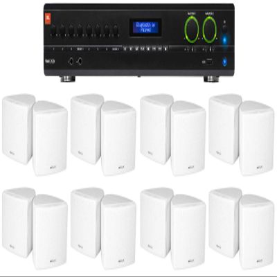 Audiosavings Bundle: (1) JBL VMA2120 2-Ch. Commercial/Restaurant 120W 70V Bluetooth Amplifier Bundle with (16) Cube by Rockville 3.5" White Commercial 70v Swivel Wall Mount Speakers (17 Items)
