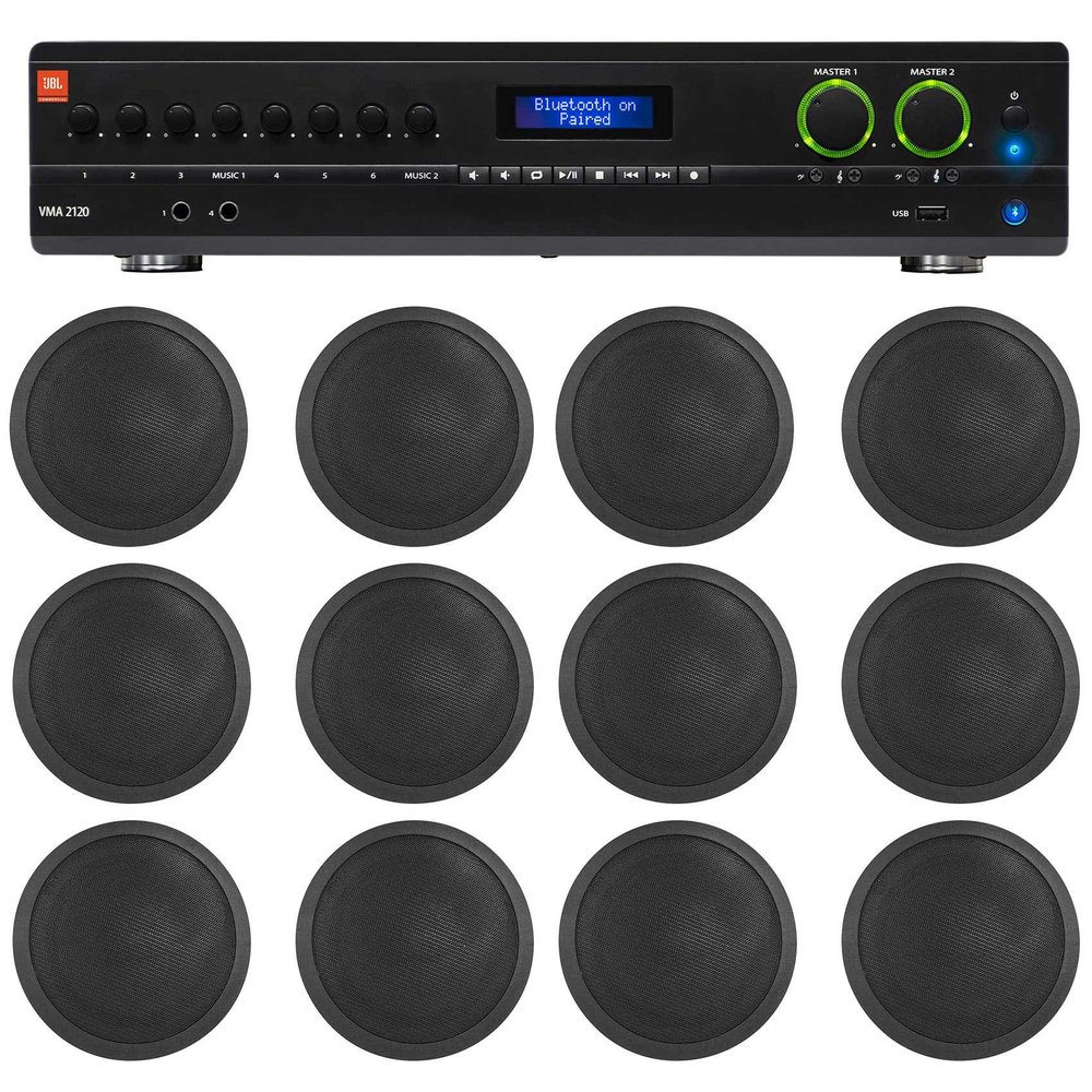 Audiosavings Bundle: (1) JBL VMA2120 2-Ch. Commercial/Restaurant 120W 70V Bluetooth Amplifier Bundle with (12) Rockville CCL6T Black 70V 6" Commercial Ceiling Speakers 4 Restaurant/Office (13 Items)