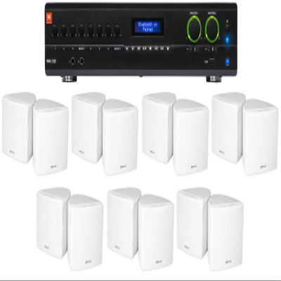 Audiosavings Bundle: (1) JBL VMA2120 2-Ch. Commercial/Restaurant 120W 70V Bluetooth Amplifier Bundle with (14) Cube by Rockville 3.5" White Commercial 70v Swivel Wall Mount Speakers (15 Items)
